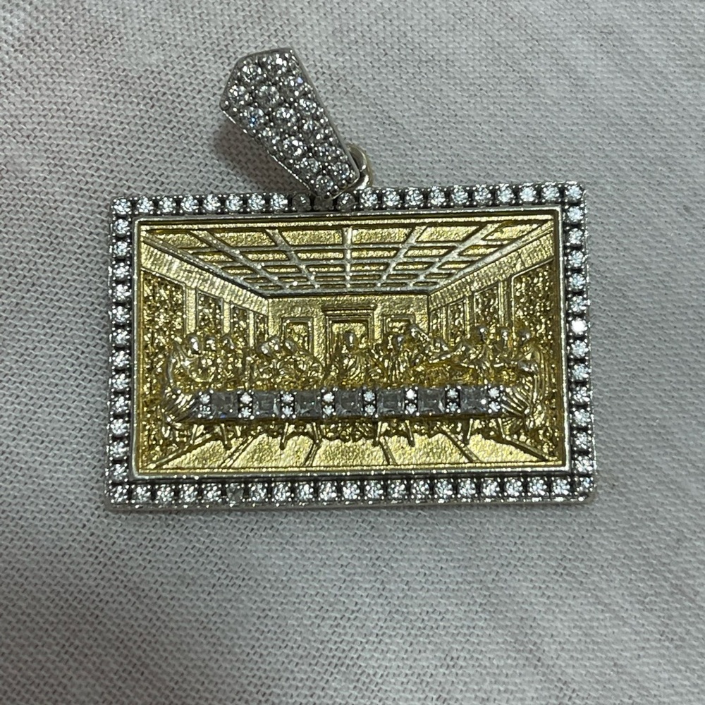 925 Silver Gold Plated Princess Moissanite Last Supper Frame Pendant 1.65ct READ